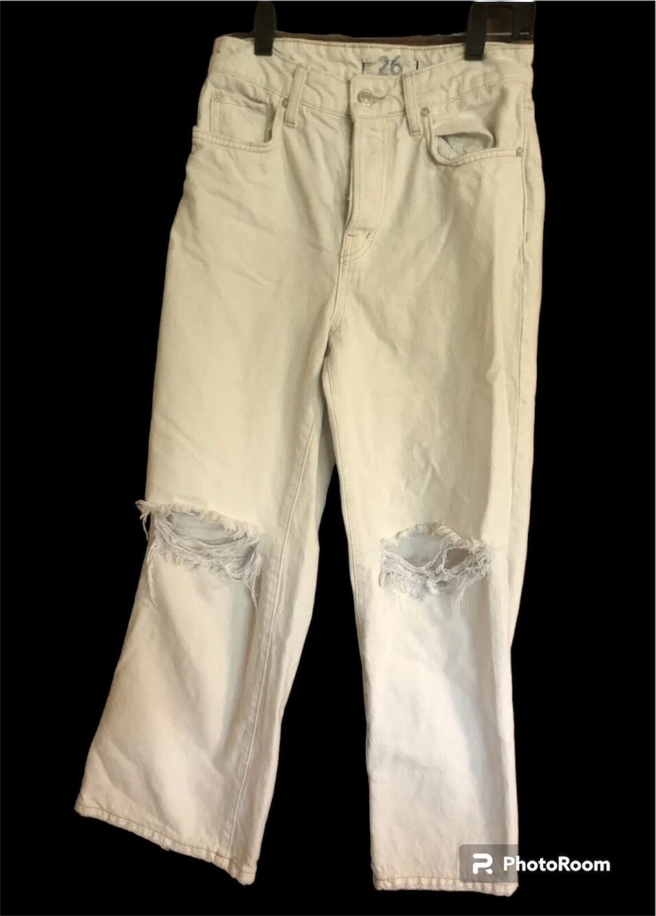 Free People We The Free Maggie Straight Jeans Size 26 Cream Distressed Holes